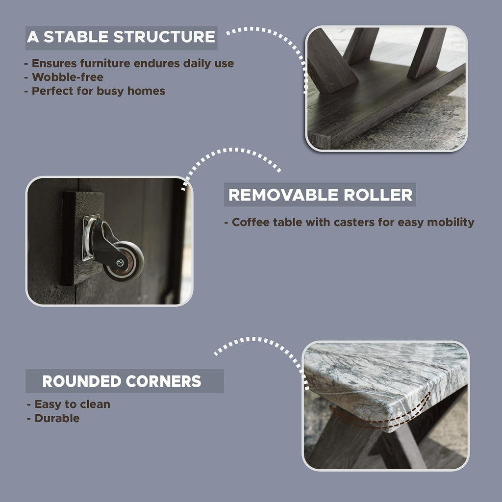 Signature Design by Ashley Bensonale Contemporary Occasional Table Set with Faux Marble Top and Casters, Set of 3, Gray & Dark Brown