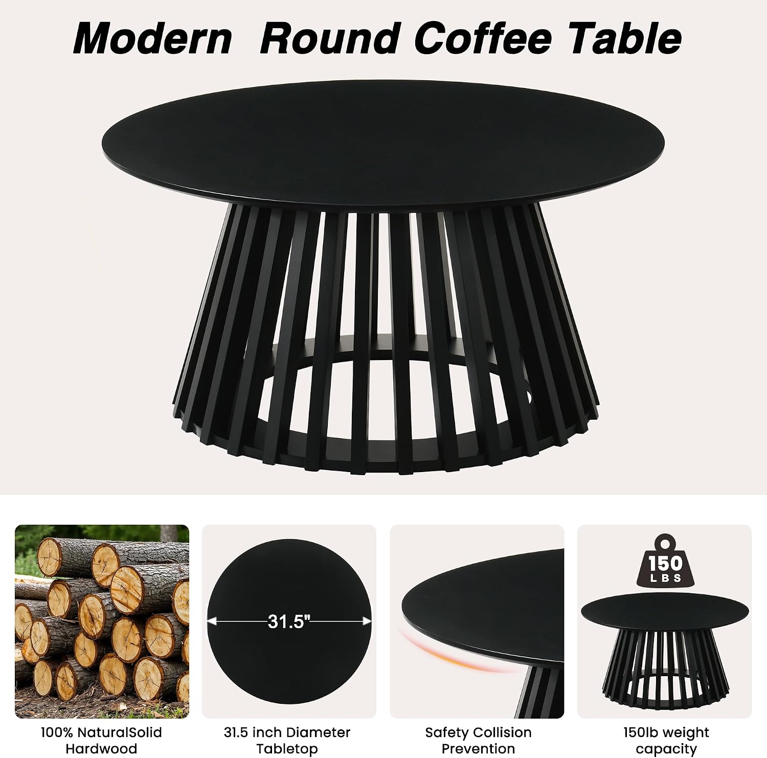 HNY Modern Black Round Coffee Table for Living Room, Mid Century Wood 31.5' Circle Small Center Table with Wooden Fluted Base for Home Small Space, Bedroom, Apartment, Studio