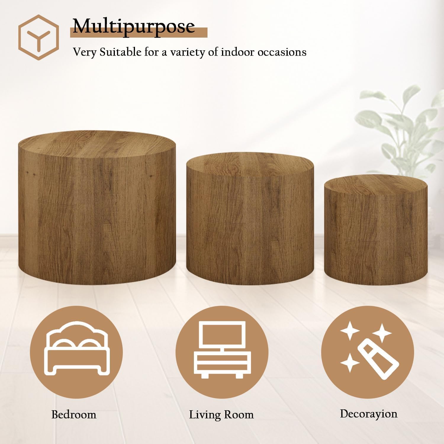 Vikiullf Nesting Coffee Table Set of 3, Round Wooden Coffee Tables, Modern Circle Table for Living Room, Bedroom, Accent Side Table, Saving Space Design and No Need Assembly