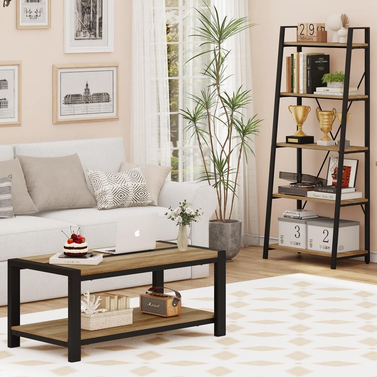 BON AUGURE 43 Inch Coffee Table, Wood and Metal Coffee Tables for Living Room, Rectangle Living Room Table, Small Farmhouse Center Tables for Home Office (Vintage Oak)