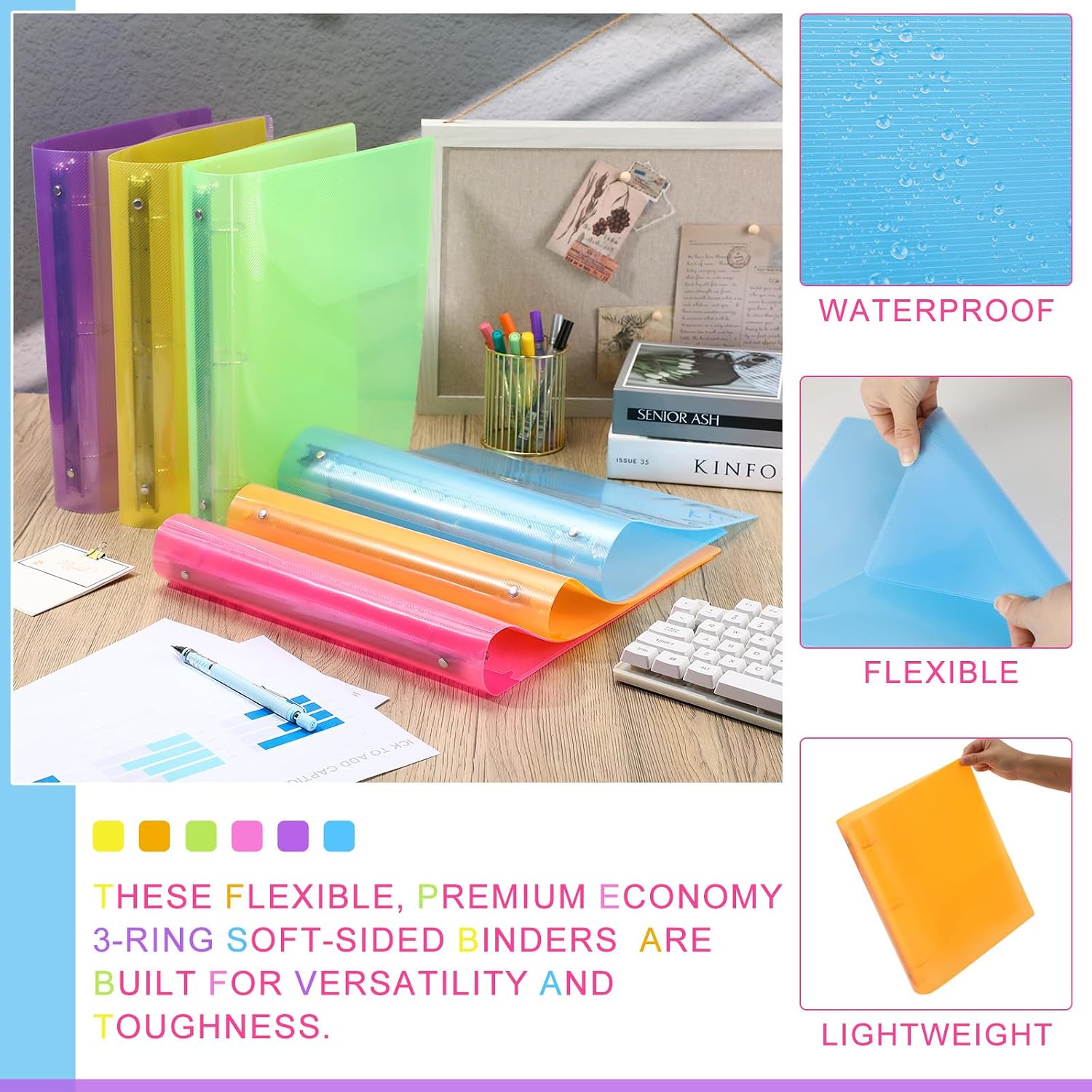 Fulmoon 48 Pack 3 Ring Plastic Binders 1.5 Inch Bulk with 2 Pockets, Flexible Binder Loose Leaf Hardcover, Fit 12' x 10' US Letter Size Paper, for School Office Home, 6 Colors (Bright)