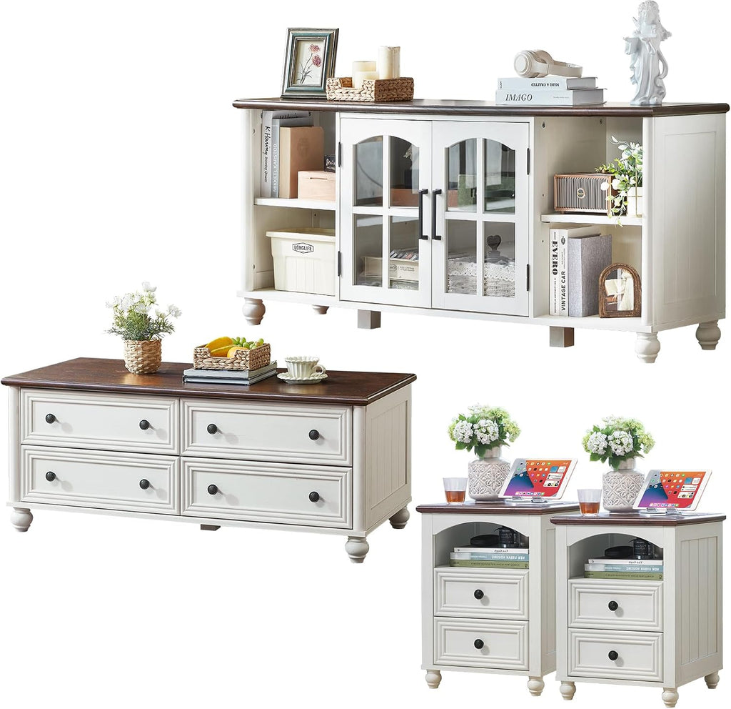 RWYHG Farmhouse Coffee Table & TV Stand Set of 4,Entertainment Center for 60 Inch TV,Wooden Coffee Tables with 4 Drawers, 2 Drawers Nightstand with Charging Station for Living Room,Bedroom,White