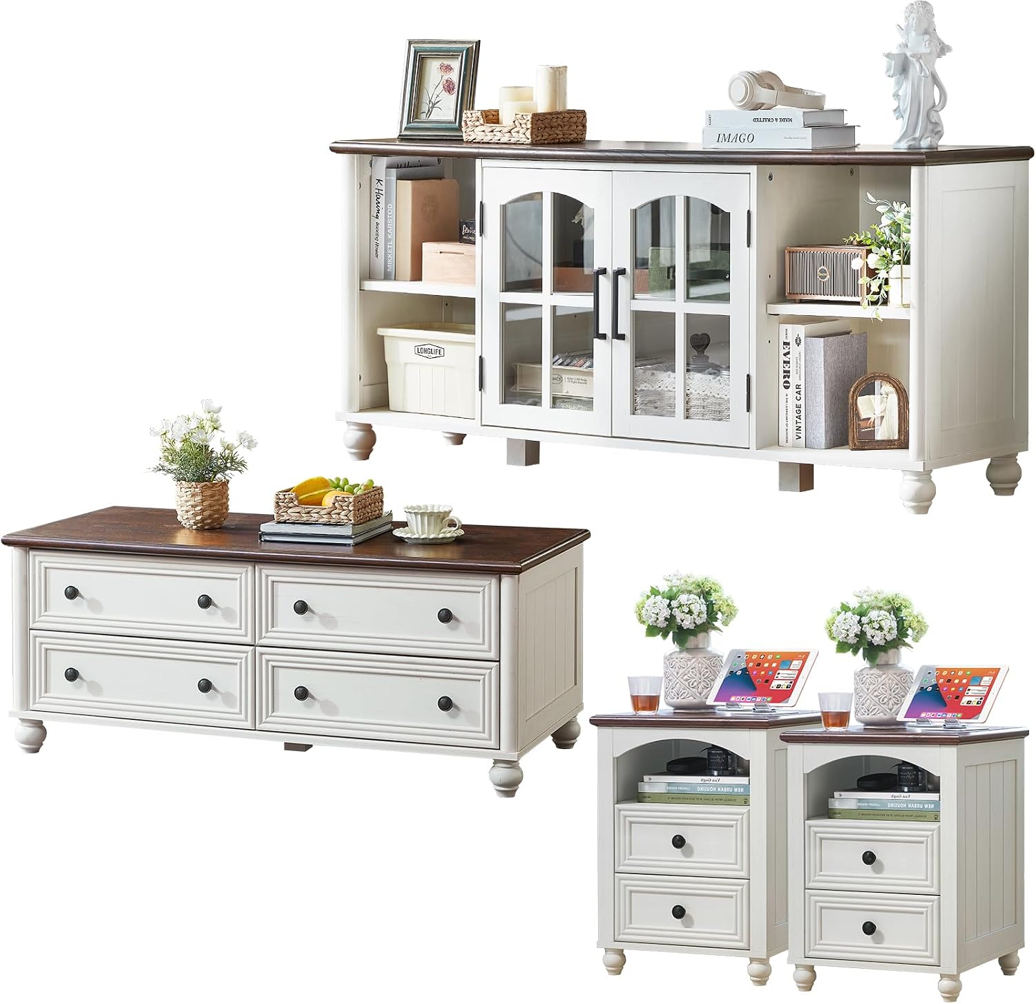 RWYHG Farmhouse Coffee Table & TV Stand Set of 4,Entertainment Center for 60 Inch TV,Wooden Coffee Tables with 4 Drawers, 2 Drawers Nightstand with Charging Station for Living Room,Bedroom,White