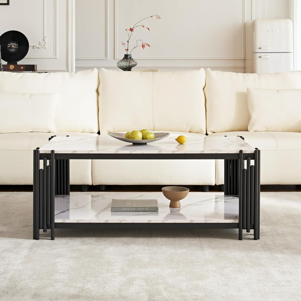 White Marble Coffee Table Set of 3, Faux Marble Coffee Table and 2 End Tables with Chrome Metal I-Base, Luxury Marble 3 Piece Living Room Table Set for Home Office Bedroom