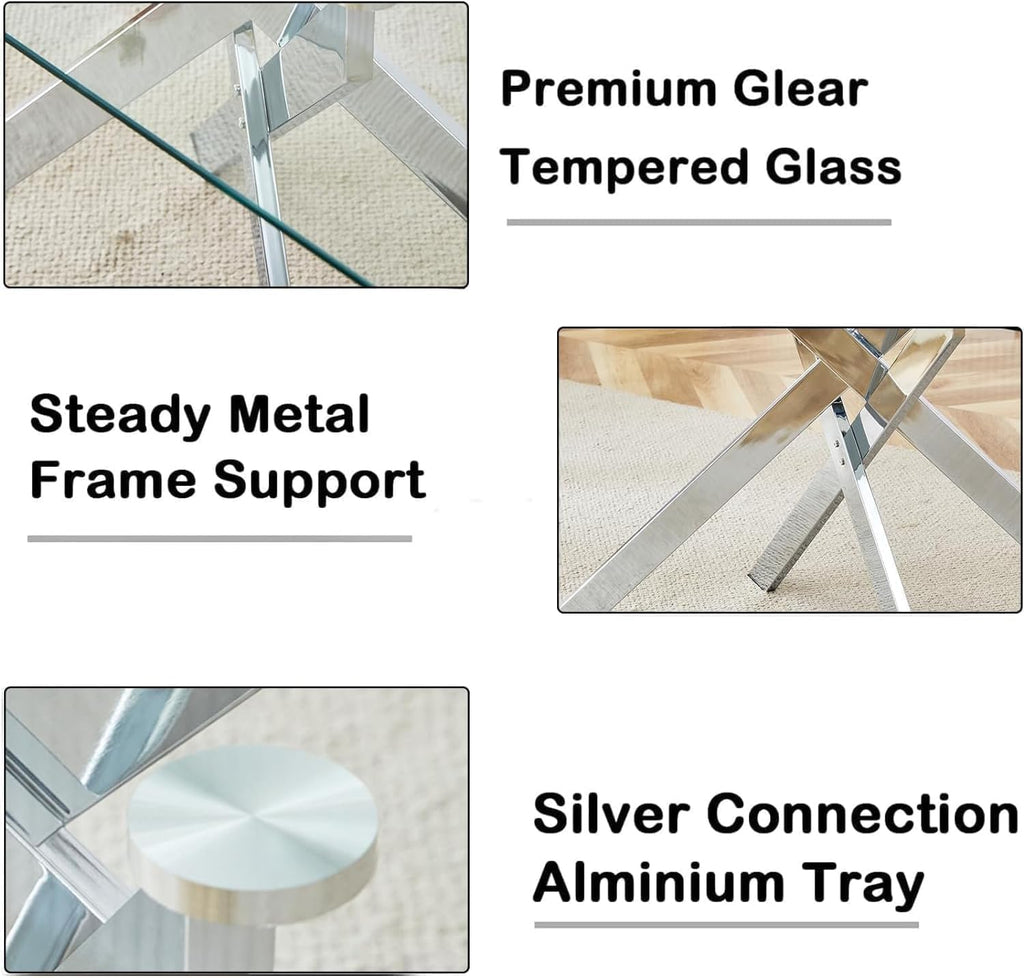51' Modern Dining Table Set for 4, Rectangular Tempered Glass Dining Table and 4 Beige Velvet Dining Chairs, Luxury 5 Piece Kitchen Dining Room Tables Set with Silver Chrome Metal X-Base