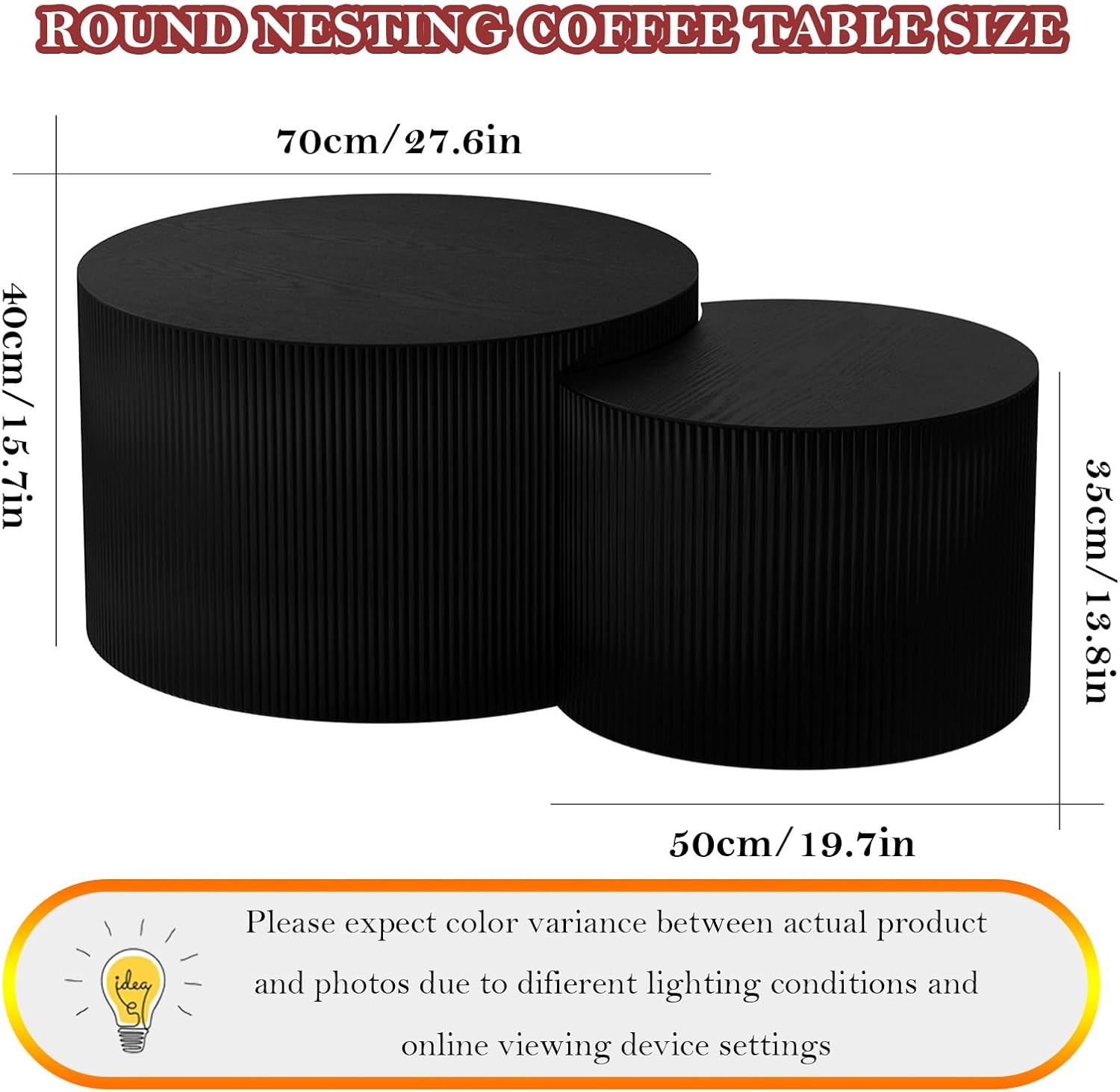 Nesting Coffee Table with Non-Slip Mat Vertical Stripe Design Round Fluted Side Table Set of 2 - No Assembly Required for Living Room Bedroom Balcony Yard (I-27.6+19.7in)