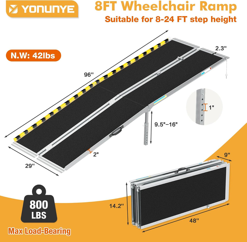 YOUNYNYE 8ft Portable Wheelchair Ramp, Non-Slip Aluminum Alloy Folding Barrier-Free Ramp with Support Legs & Lock, Threshold Ramp Suitable for Home Steps, Stairs, Entry, Doorways