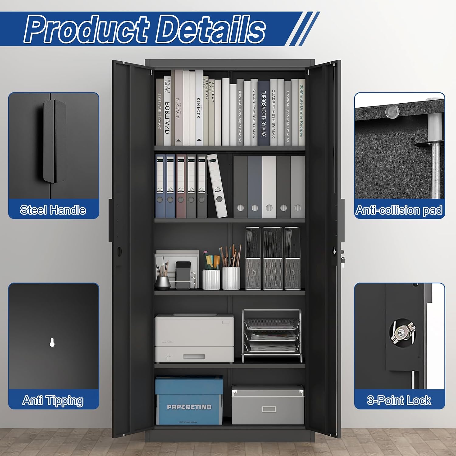 71' H Locking Cabinets, 16.5'' Deep Metal Garage Storage Cabinet with Doors and Shelves, Balck Cabinets for Garage, Kitchen, Office