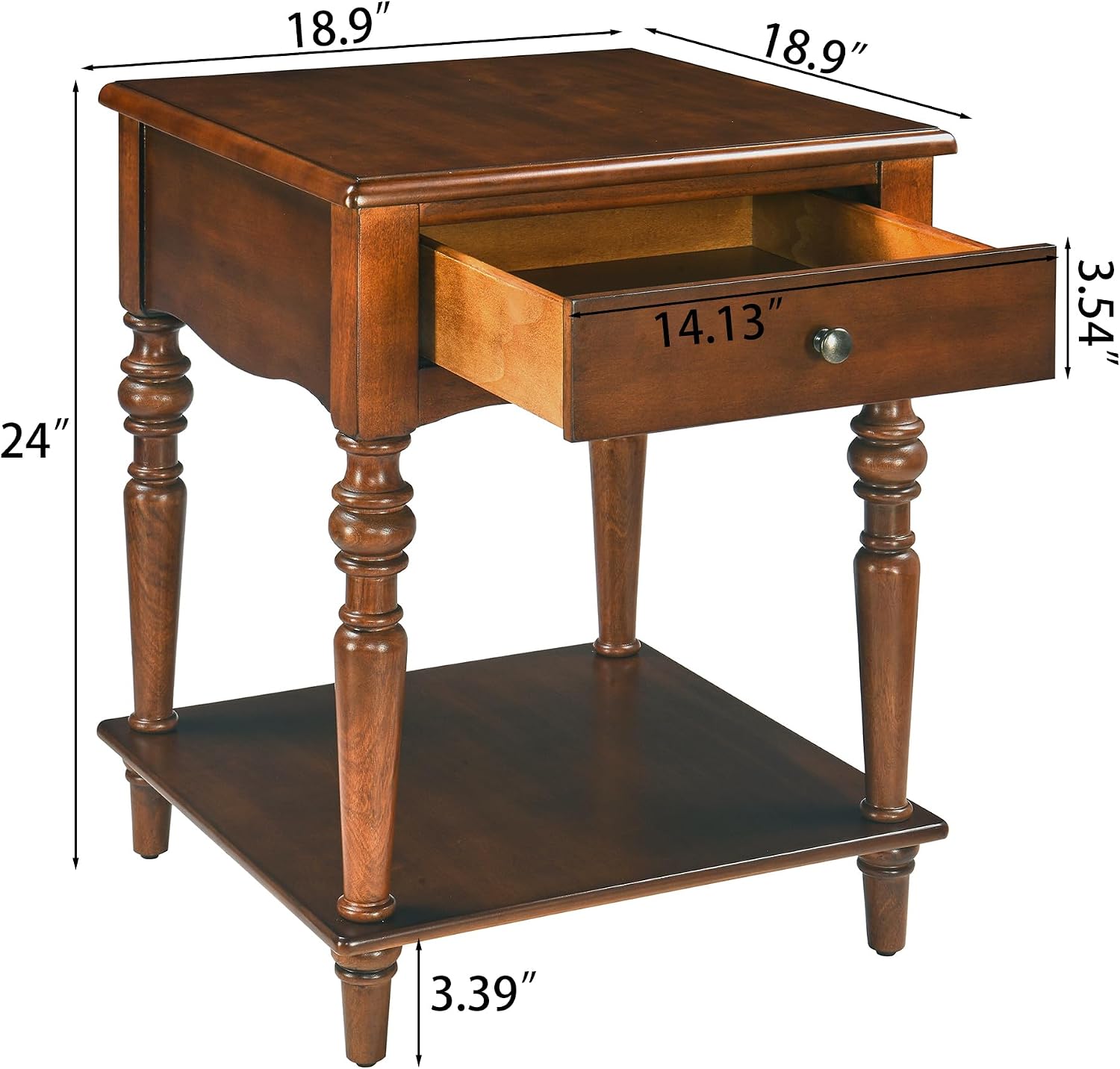 End Table with Drawer and Storage Shelf, Solid Wood Sofa Side Table, Square Beside Table, Telephone Table for Living Room,18.9'L x 18.9'W x 24'H, No-Tools Assembly, Caramel Brown BZ-C008-DR