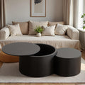 WXFKLDJ Nesting Coffee Tables Set of 2 Leather Finish Round Coffee Tables with Storage Wood Frame Drum End Side Table for Small Space Living Room Bedroom No Assembly Needed (Black with Storage)
