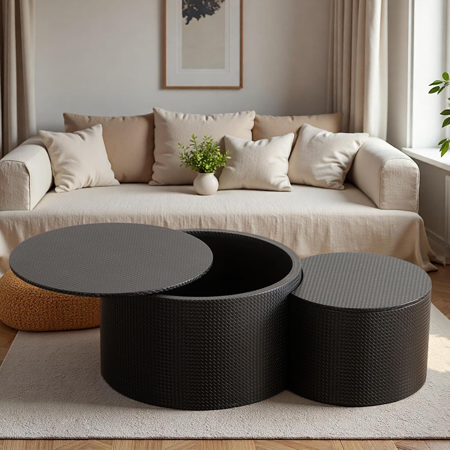 WXFKLDJ Nesting Coffee Tables Set of 2 Leather Finish Round Coffee Tables with Storage Wood Frame Drum End Side Table for Small Space Living Room Bedroom No Assembly Needed (Black with Storage)
