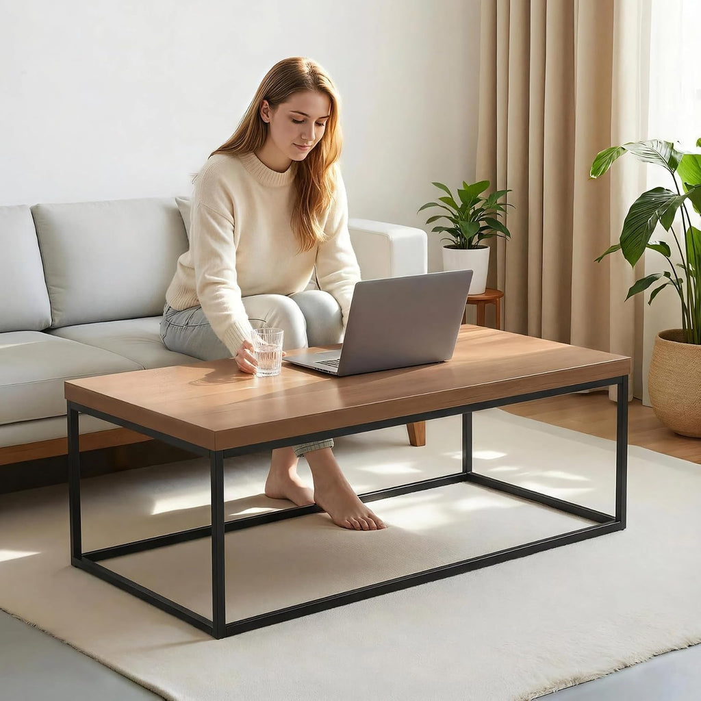 CENSI 47-Inch Dark Walnut Coffee Table for Living Room, Modern Industrial, Rectangular Wood and Metal Center Table with Extra Thick Tabletop (Dark Brown)