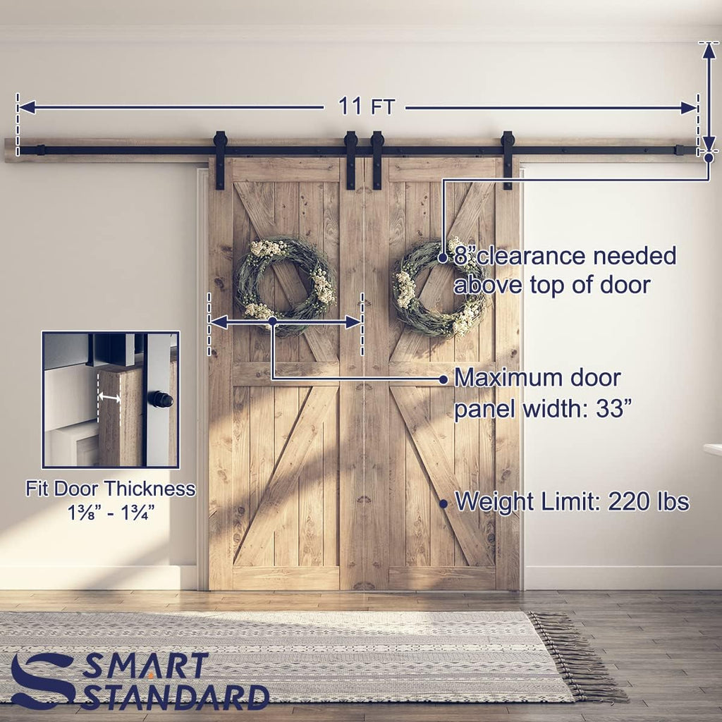SMARTSTANDARD 11 FT Double Barn Door Hardware Kit, Sliding Door Track-Smoothly and Quietly -Includes Detailed Installation Fit 30'-33' Wide Doorpanel (J Shape Hanger) Black