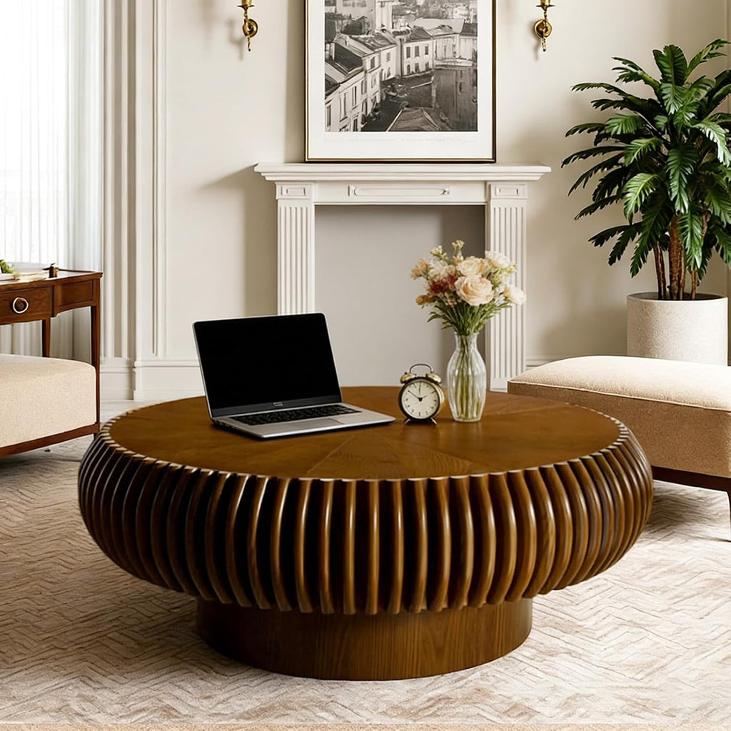 Round Drum Coffee Table Modern Coffee Tables Fluted Coffee Table Circle Center Table Pedestal End Table for Living Room Bedroom(31.5in Walnut)