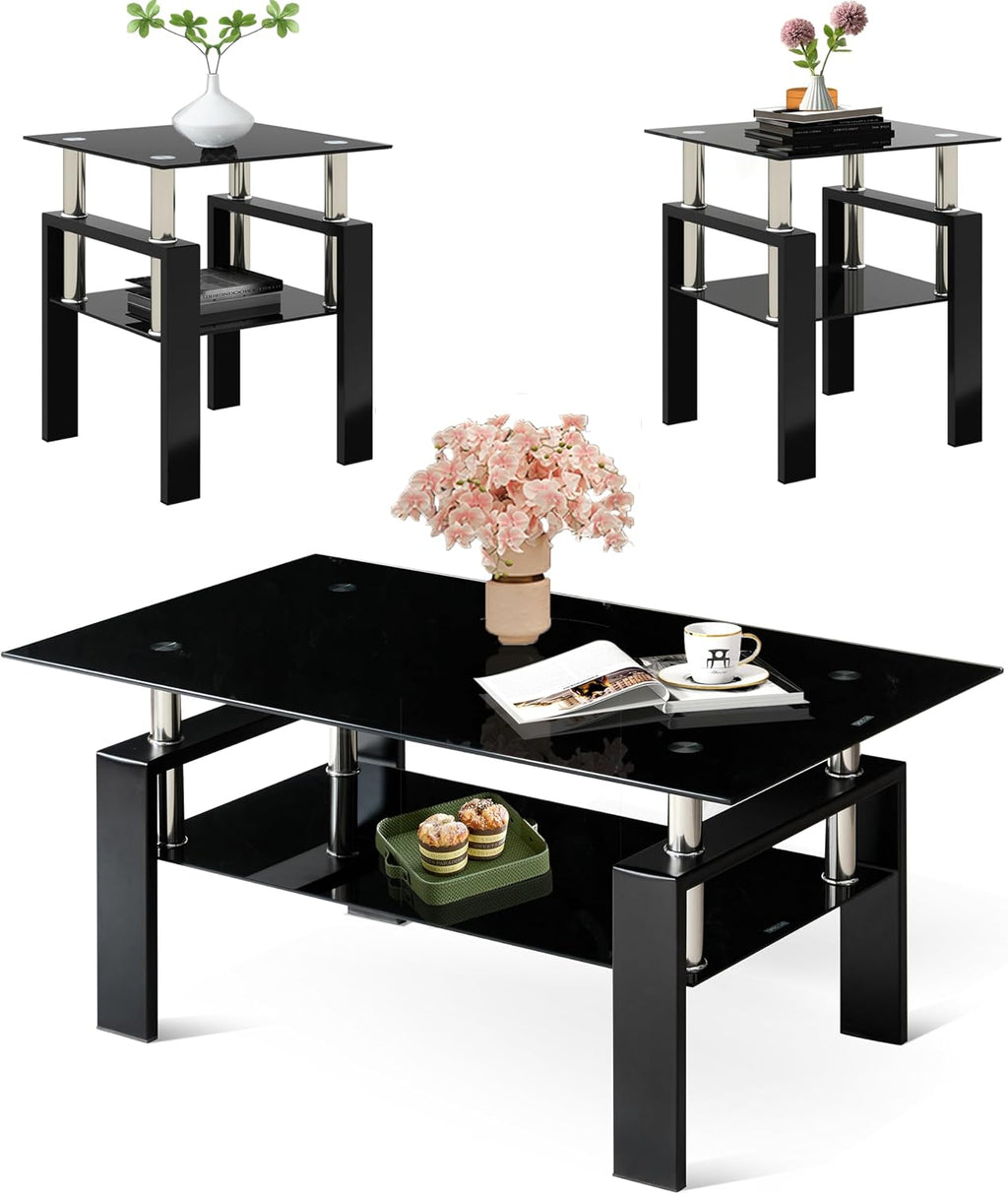 Glass Coffee Table Sets of 3 for Living Room, Mordern End Table Sofa Side Tables with Storage, Black Metal Leg, Rectangle Tempered Center Table Home Furniture Set (Black)