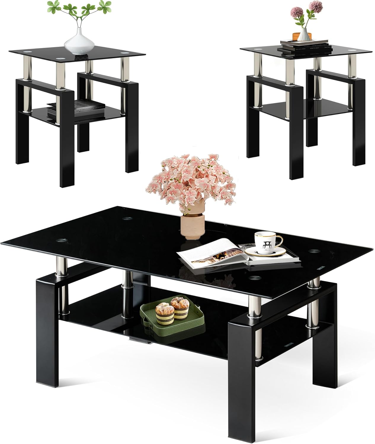 Glass Coffee Table Sets of 3 for Living Room, Mordern End Table Sofa Side Tables with Storage, Black Metal Leg, Rectangle Tempered Center Table Home Furniture Set (Black)