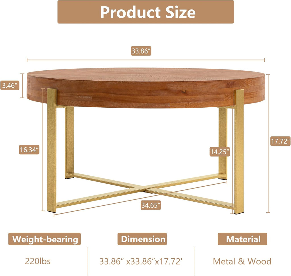 Setawix Farmhouse Round Coffee Table for Living Room, 33.86' Small Side End Table, Wood Retro Splicing Coffee Table, Modern Accent Coffee Table Entry Way Table with Gold Metal Cross Leg