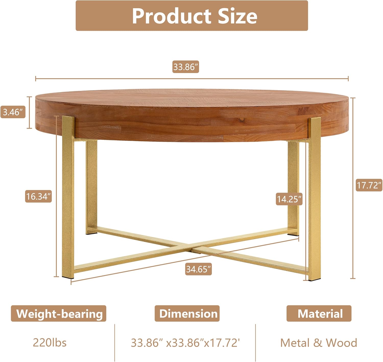 Setawix Farmhouse Round Coffee Table for Living Room, 33.86' Small Side End Table, Wood Retro Splicing Coffee Table, Modern Accent Coffee Table Entry Way Table with Gold Metal Cross Leg