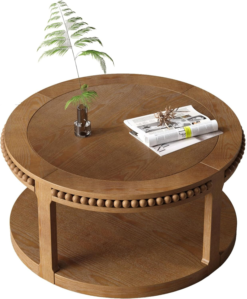 31.5'' Round Coffee Table, 2-Tier Modern Rustic Wood Circle Coffee Table for Living Room, Easy Assembly, Walnut
