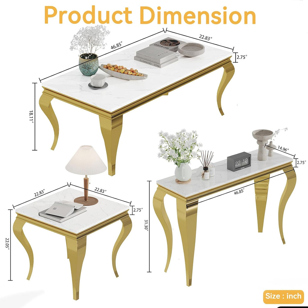 White Marble Coffee Table Set of 3, Modern Faux Marble Coffeee Table and 2 End Side Table, Luxury 3 Piece Living Room Table Set with Gold Stainless Steel S-Shape Legs for Apartment Home Office