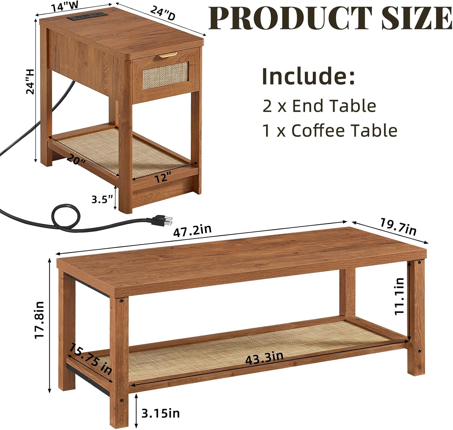 Lerliuo Boho Coffee Table Set of 3, Rattan Coffee and End Table Sets with Charging Station, Living Room Table Set with Open Shelf for Living Room, Tea Brown