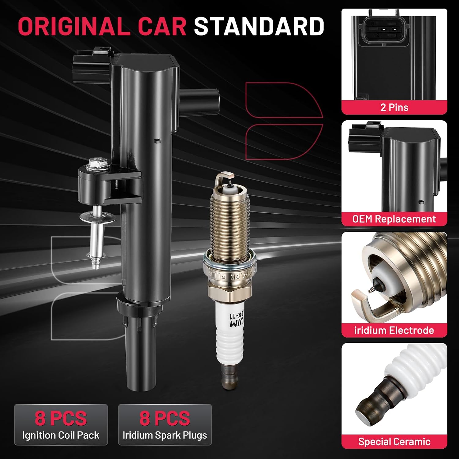BDFHYK Ignition Coil Pack UF601 and Iridium Spark Plugs 4469 Compatible with Jeep Commander Grand Cherokee 08-09 Dodge Dakota 08-10 Durango 08-09 Ram 1500 08-10 Chrysler Aspen 08-09 4.7L V8 Set of 8