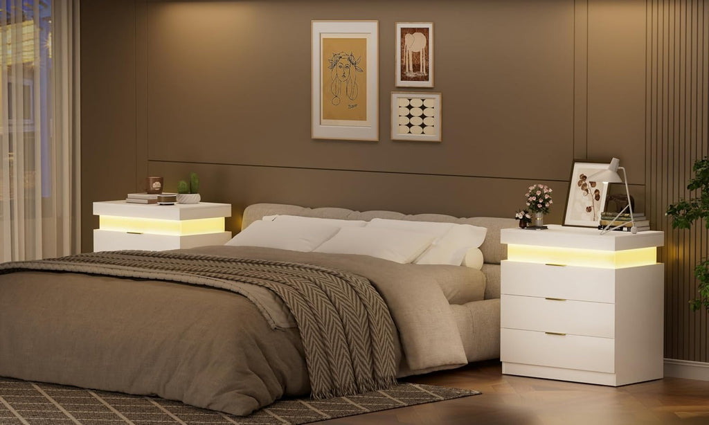 Modern LED Nightstand with Charging Station, 3 Drawers, RGB Lighting, Built-in Power Hub, White End Table, 28.8W x 17D x 30.5H inches (White)