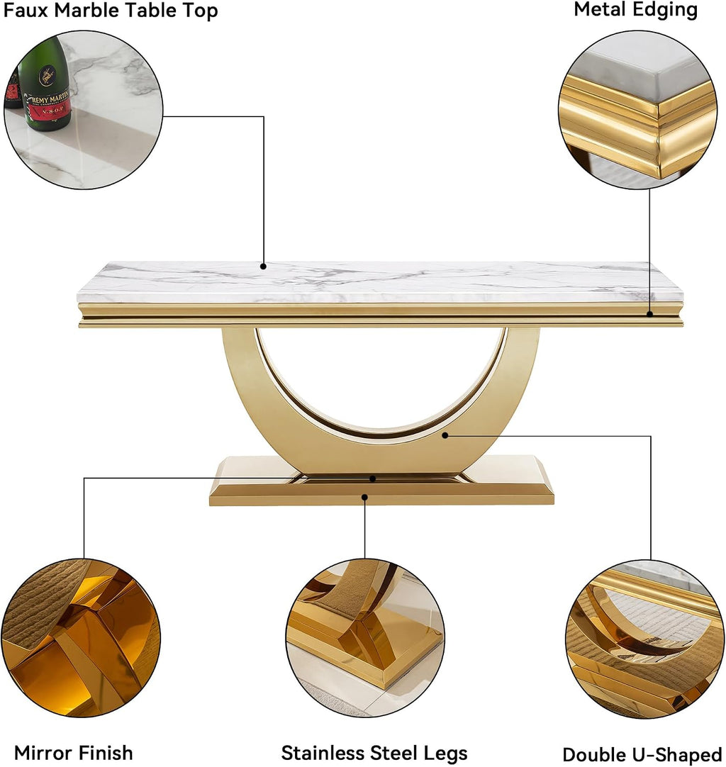 2 Pieces Living Room Table Set, Faux Marble Coffee Table Set of 2, Modern Coffee Table and End Table with U-Shaped Stainless Steel Base for Living Room (White Gold)