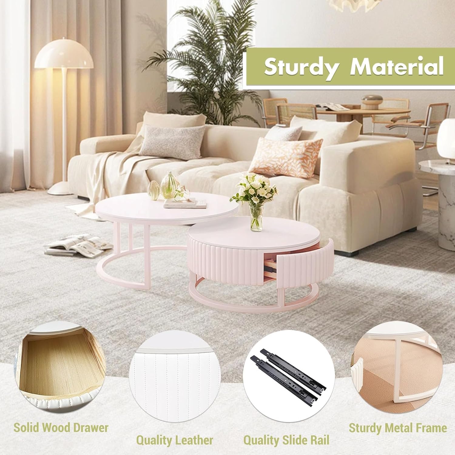 Round Nesting Coffee Table Set of 2 White Marble Coffee Table with Wood Storage Drawer Modern Circle Coffee Tables for Living Room Center Table Mid Century Coffee Table
