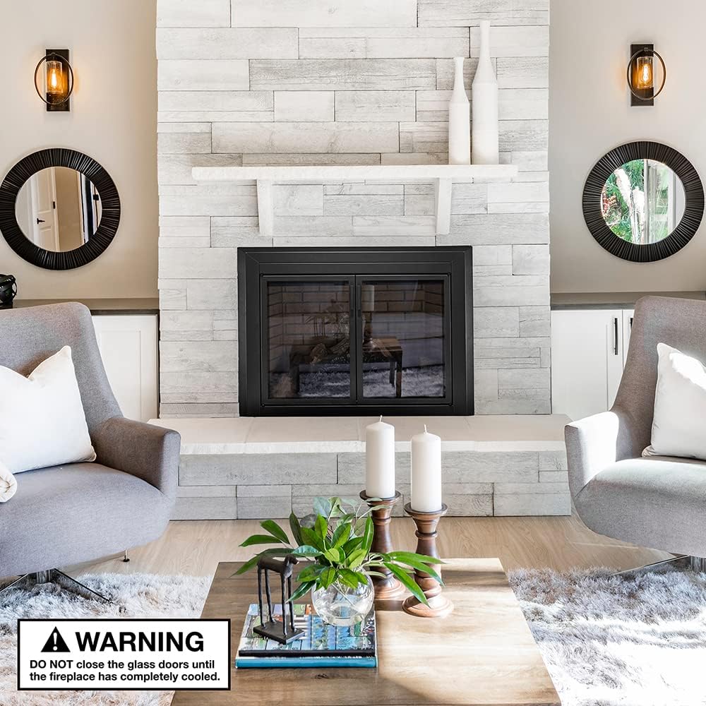 UniFlame - Logan - Cabinet-Style Fireplace Doors with Smoke Tempered Glass (Color: Black, Size: Small - Fits Opening 30in to 37in W x 22.5in to 29.5in H)
