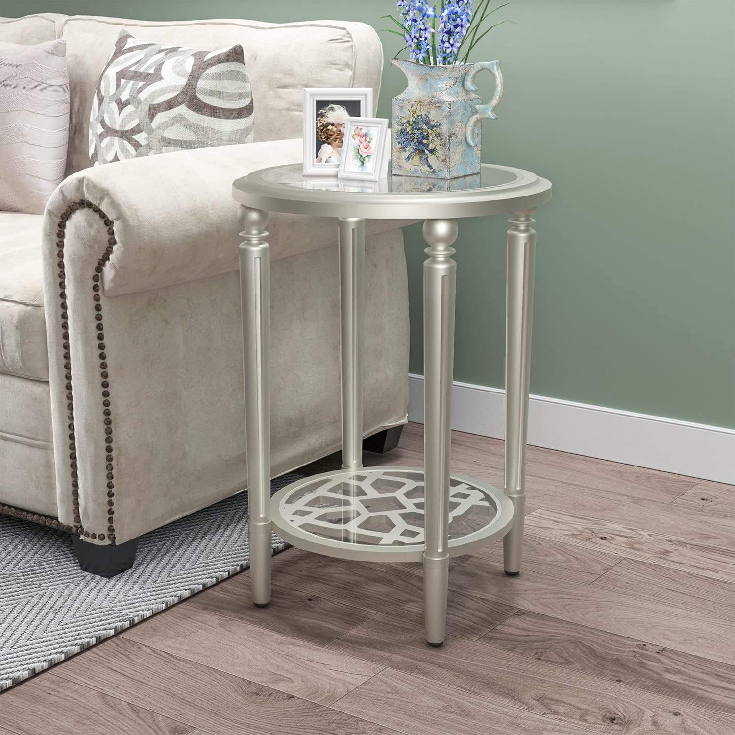 COSIEST Set of 2 Modern Round End Table, 2-Tier Glass Side Table with Glass Tabletop, Wood Accent Table with Storage Shelf for Living Room, Bedroom