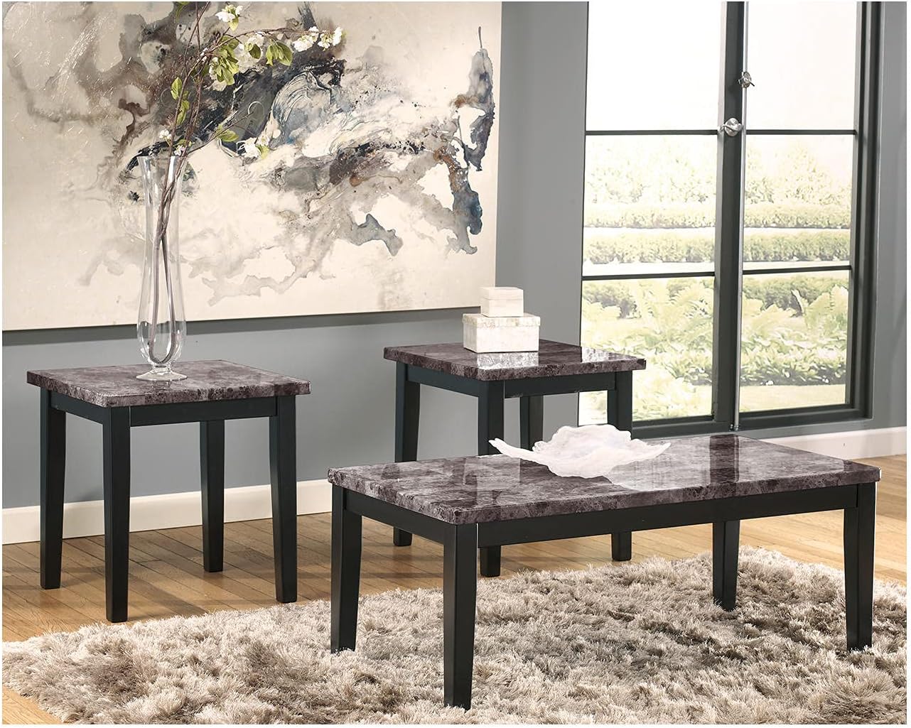Signature Design by Ashley Maysville Faux Marble Top 3-Piece Table Set, Includes Coffee Table & 2 End Tables, Black