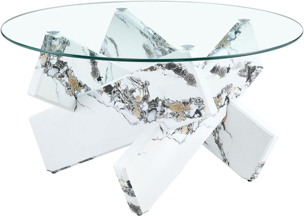 33.4'' Tempered Glass Round Coffee Table for Living Room, Modern Circle Coffee Table, Glass Tabletop & Wood Base, Easy Assembly, White