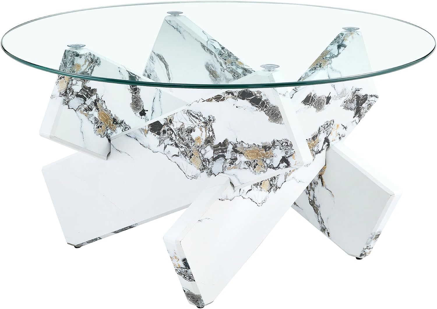 33.4'' Tempered Glass Round Coffee Table for Living Room, Modern Circle Coffee Table, Glass Tabletop & Wood Base, Easy Assembly, White