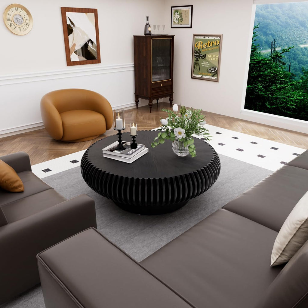 31.5' Round Drum Coffee Table, Modern Fluted Coffee Tables with Solid Wood Veneer, Wooden Circle Center Table for Living Room, Small Spaces, and Apartments, Easy Assembly