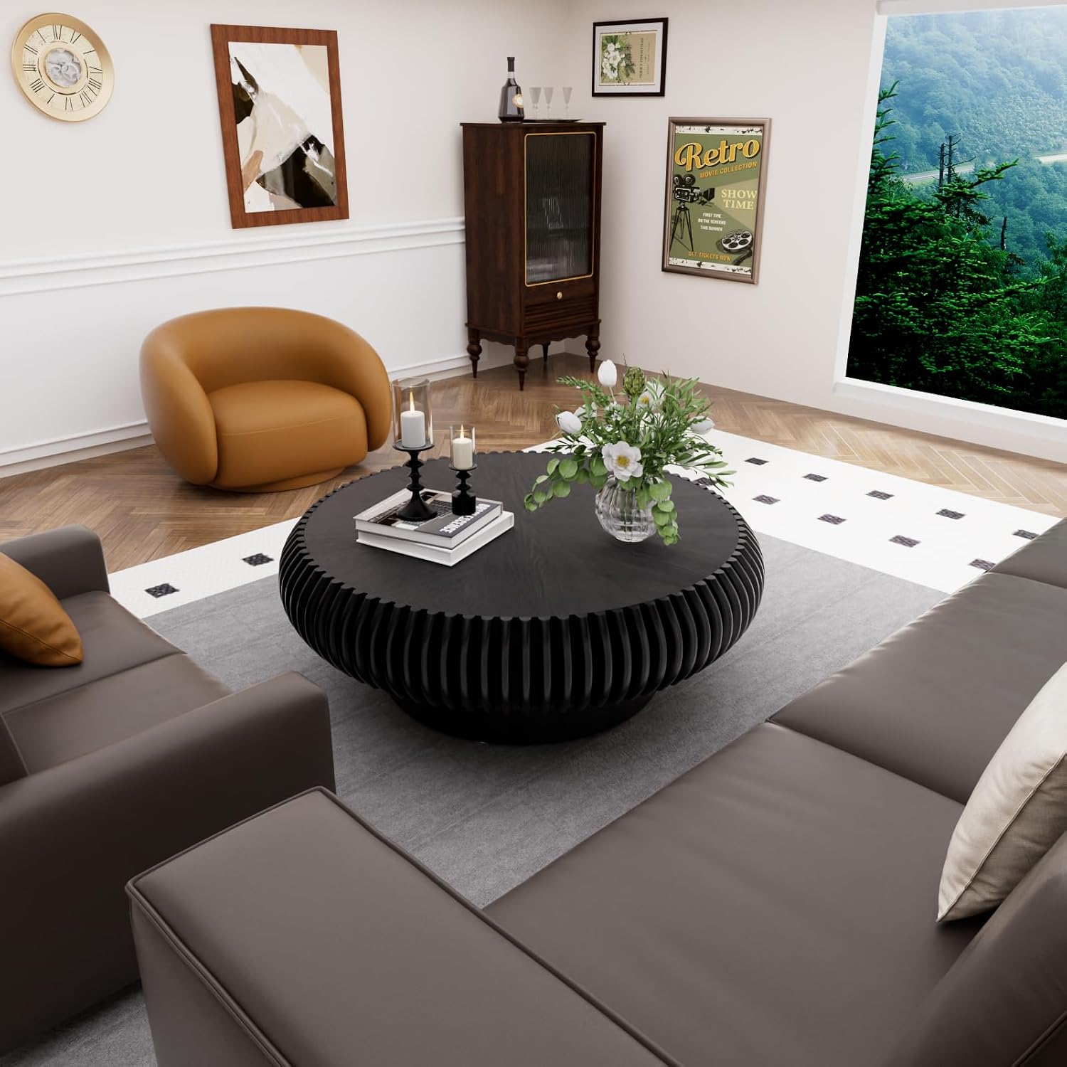 31.5' Round Drum Coffee Table, Modern Fluted Coffee Tables with Solid Wood Veneer, Wooden Circle Center Table for Living Room, Small Spaces, and Apartments, Easy Assembly