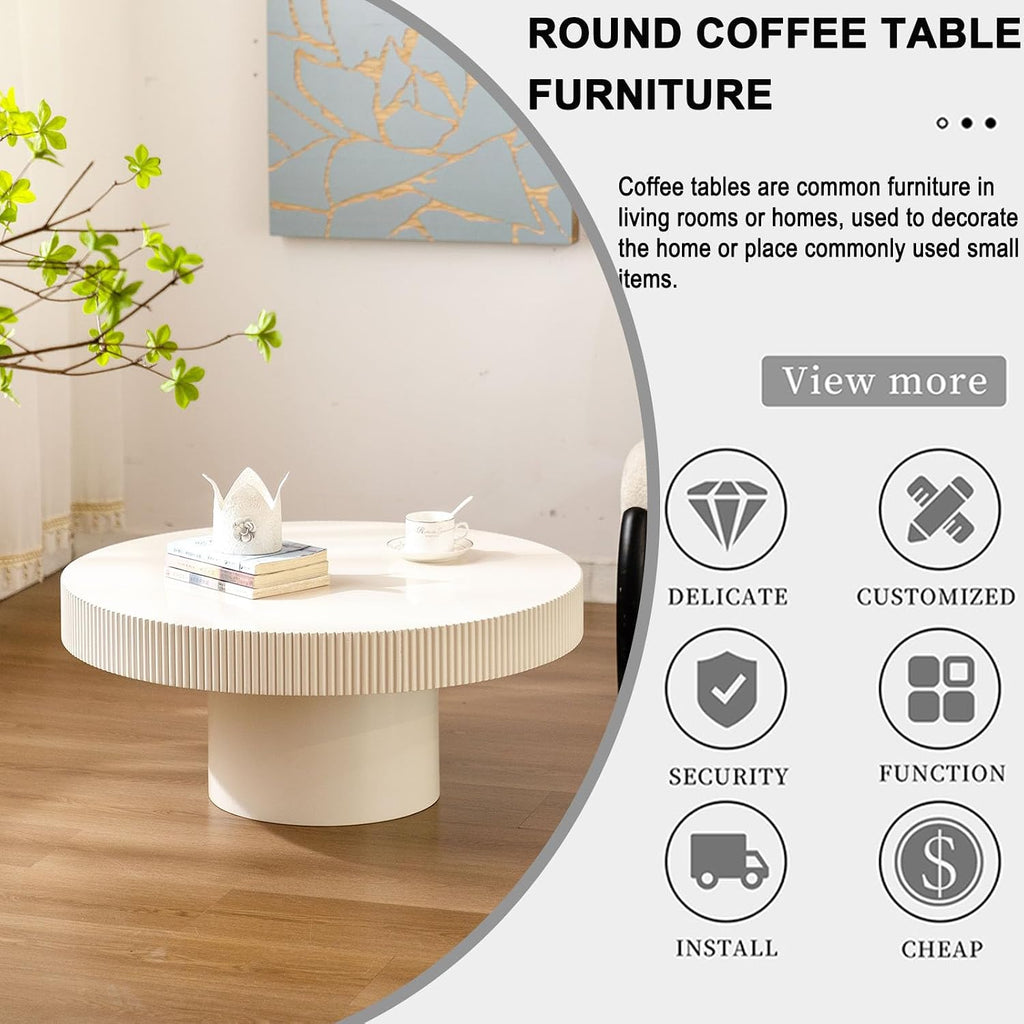 Round Coffee Table, Handcrafted Fluted Drum Coffee Tables Modern Wood Coffee Table Circle Drum Center Table for Living Room, Apartment (White Thin)