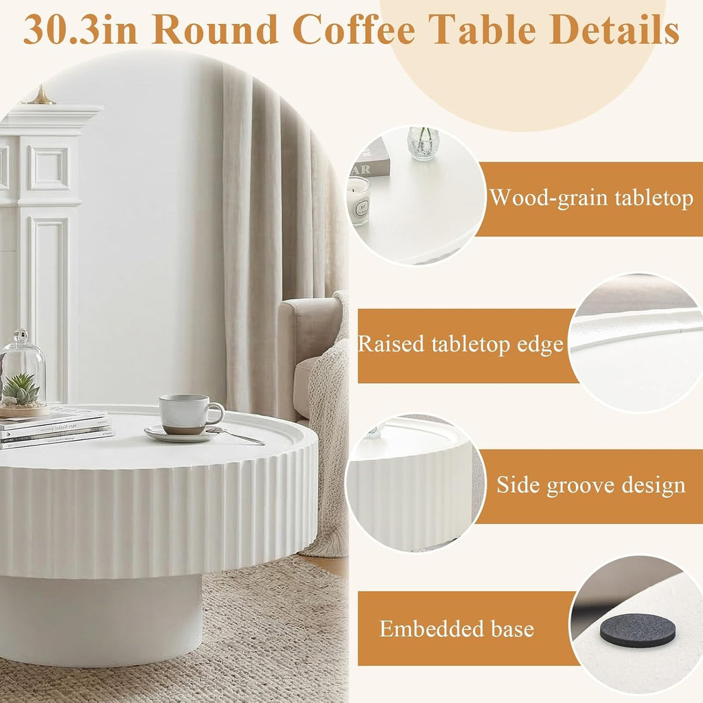 Round Coffee Table, Modern Living Room Table, Wood Center Table with Fluted Drum, Circle Coffee Tables with Fine Grain Textured Tabletop, Farmhouse Tea Tables for Living Room,30.3×13.7in