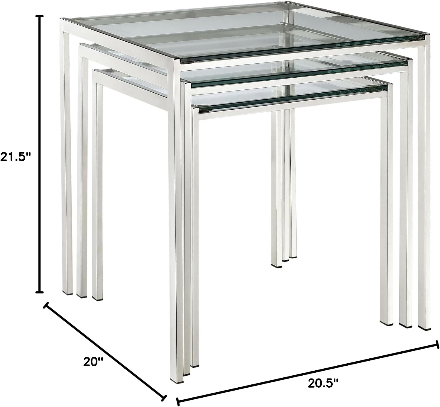 Modway Nimble Glass and Stainless Steel 3-Piece Side Nesting Table Set In Silver