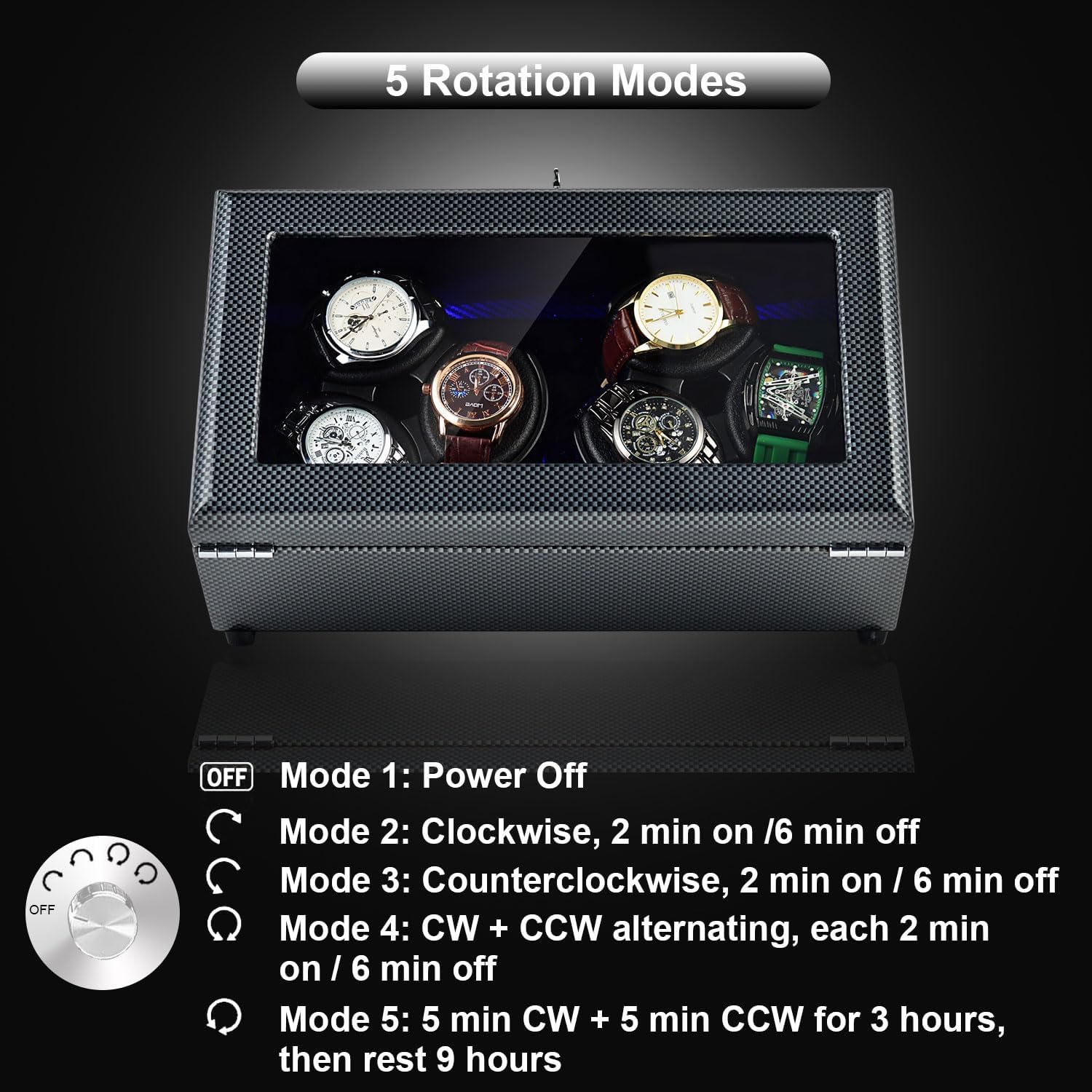 Watch Winder for Automatic Watches, Watch Winders 3/6 Slot for Rolex, Watch Rotator Uses Super Quiet Motor, 4 Rotation Mode Setting & LED Light & Mechanical Lock, Gift for Man