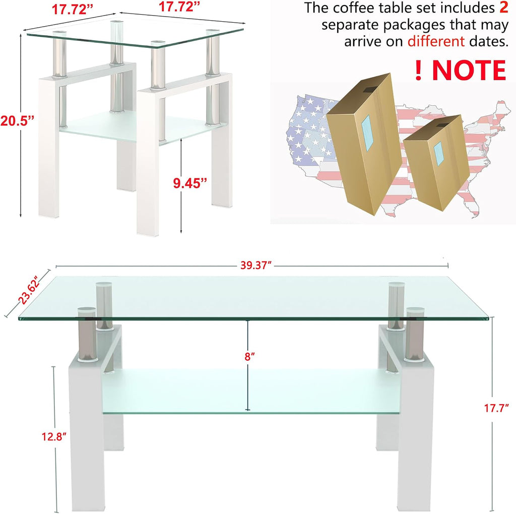 Glass Coffee Table Sets of 3 for Living Room, Mordern End Table Sofa Side Tables with Storage, Black Metal Leg, Rectangle Tempered Center Table Home Furniture Set (White)