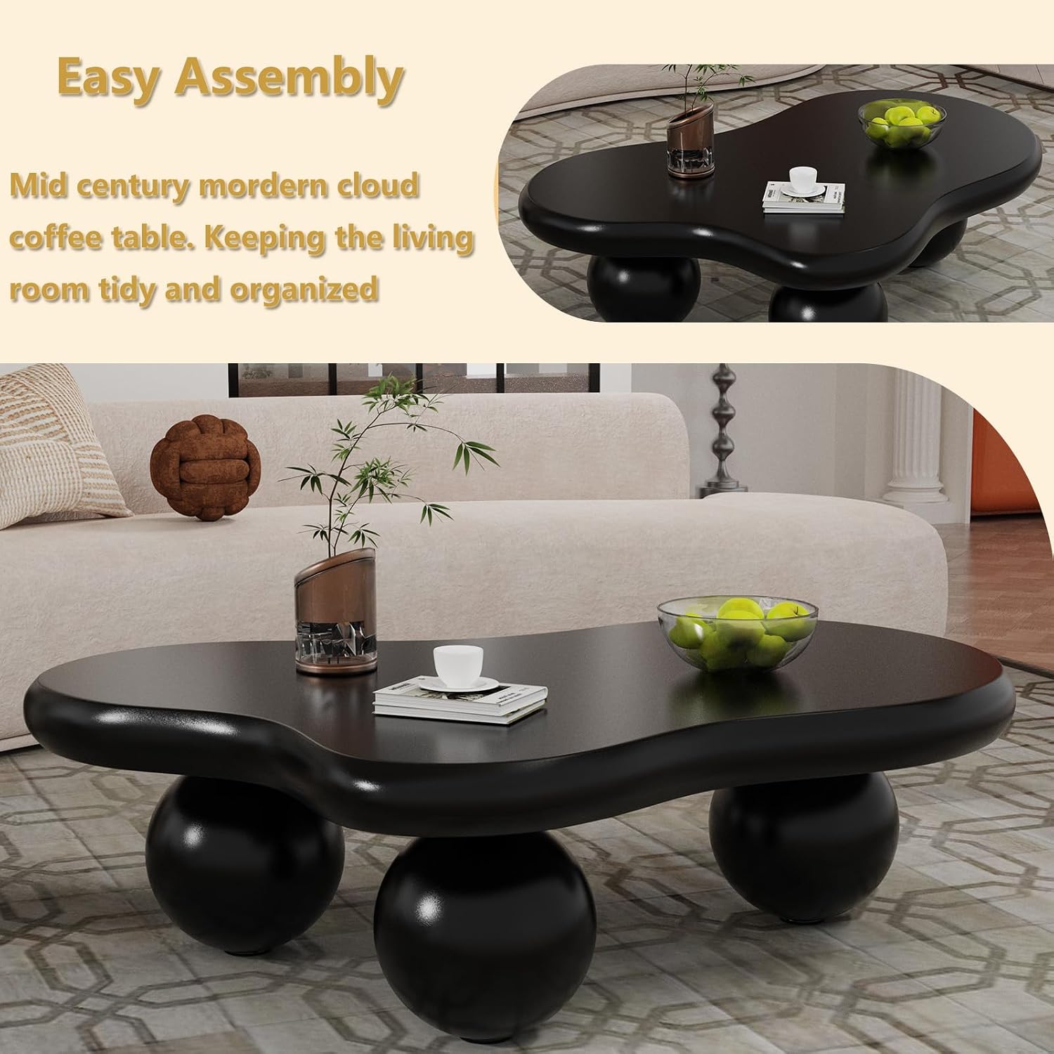 46' Black Cloud Shaped Coffee Table Irregular Coffee Table Cute Irregular Wooden Modern Center Tables with 3 Ball Legs for Bedroom Apartment, Living Room, Farmhouse (A46IN)
