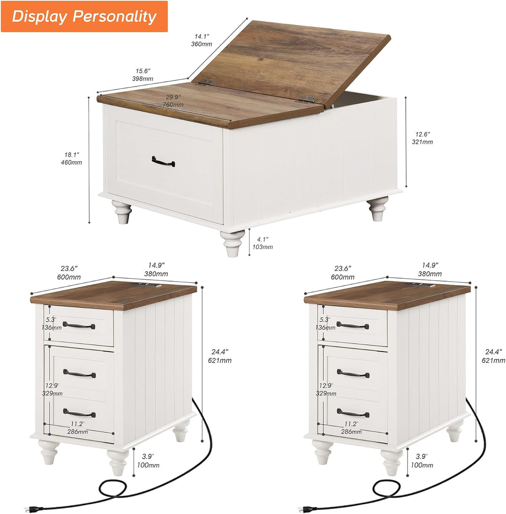 WAMPAT 3 Pieces Living Room Table Set, One Farmhouse Lift Top Coffee Table with Drawer, Set of 2 End Tables Nightstands with Charging Station, Off White