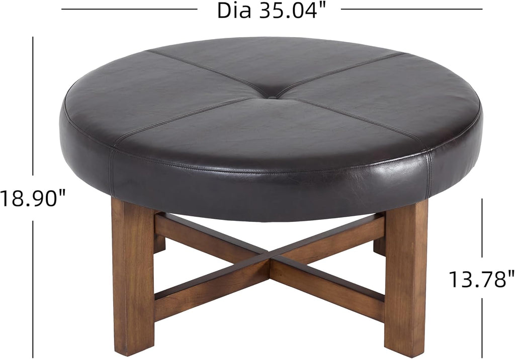 Christopher Knight Home Ladin Modern Round Ottoman Coffee Table, Faux Leather Cocktail Ottoman for Living Room Sofa, Entryway Comfortable Footstool, Wooden Ottoman Foot Rest, Dark Brown+Walnut