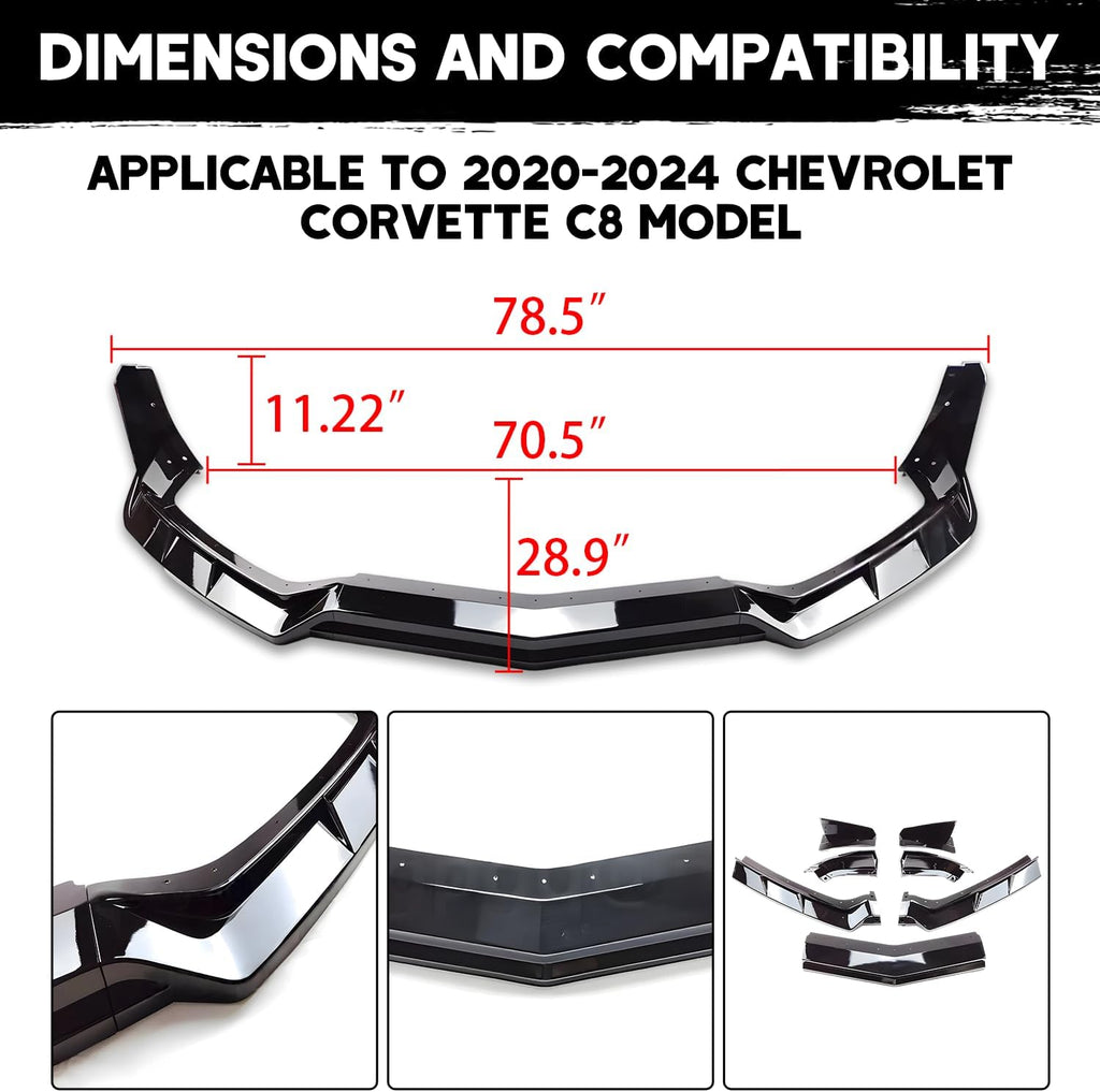 Front Bumper Lip Splitter Spoiler Compatible with Chevy Corvette C8 2020-2025, Corvette C8 Stingray Z51 Front Splitter Air Dams Chin Spoiler Auto Parts Replacement Accessories (Gloss Black)