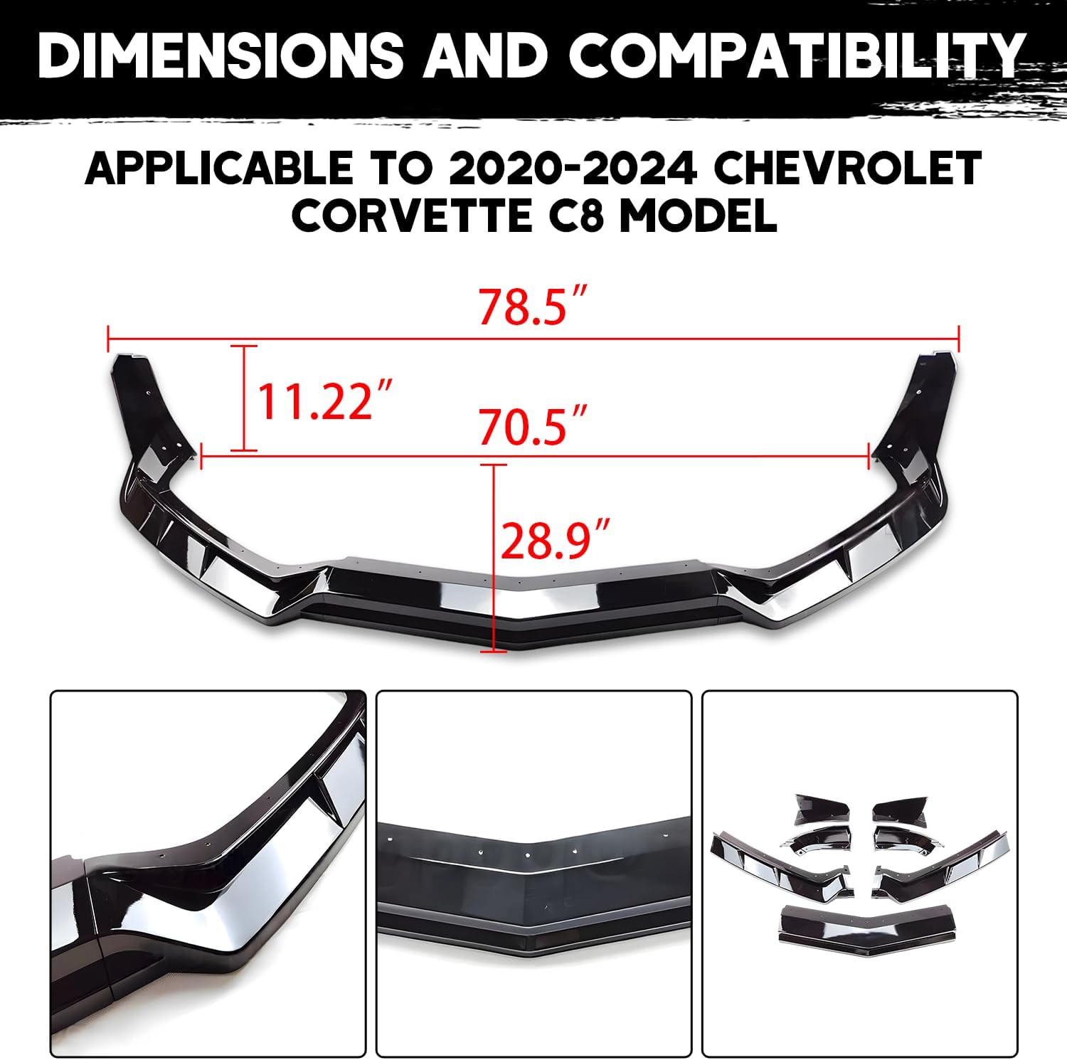 Front Bumper Lip Splitter Spoiler Compatible with Chevy Corvette C8 2020-2025, Corvette C8 Stingray Z51 Front Splitter Air Dams Chin Spoiler Auto Parts Replacement Accessories (Gloss Black)