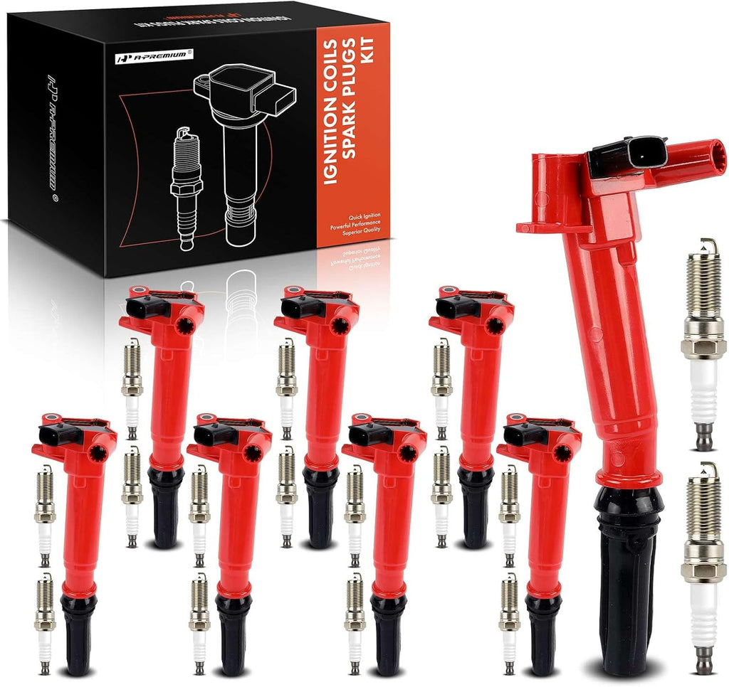 A-Premium (Red) Set of 16 Ignition Coil Pack and Iridium & Platinum Spark Plugs Compatible with Ford F-150 2010-2014, F-250 Super Duty, F-350 Super Duty, E-350 Super Duty, E-450 Super Duty, 6.2L