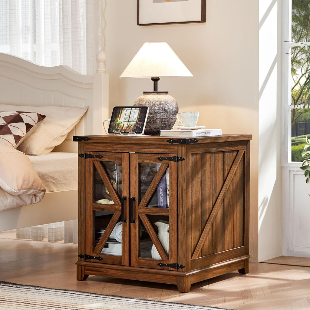 Farmhouse End Table Set of 2,24' Large Sofa Side Table with Charging Station Glass Barn Door,Wood Nightstand with Adjustable Storage Shelf,Square Bedside Table for Living Room,Bedroom,Office-Brown