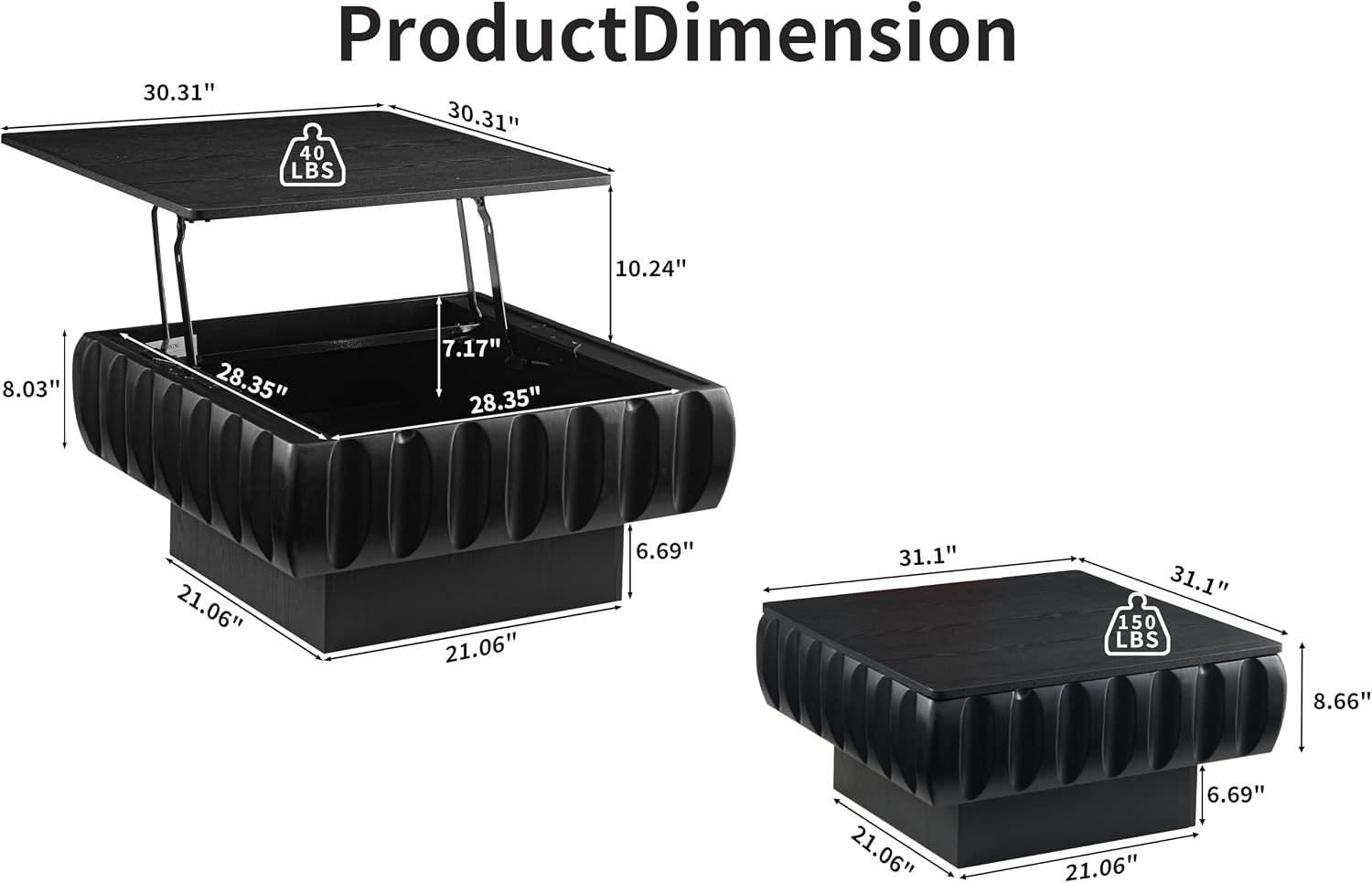 31.1'' Lift Top Coffee Table with Hidden Storage Space, Modern Drum Handcraft Wood Fluted Square Coffee Table for Living Room, Easy Assembly, Black
