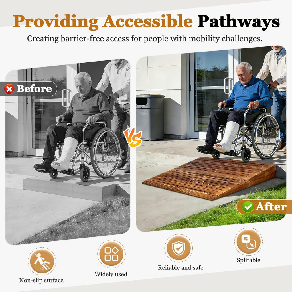 Wooden Threshold Ramps for Doorways, Home Steps Wheelchair Ramps,Walker/Cart/Scooter Stair Ramp for Elderly Handicap with Non-Slip Grooves (31.6' W*5.0' H, Solid Wood, 600lbs Capacity)